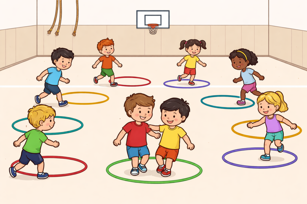 niños jugando al juego de las sillas con aros en educación física en primaria