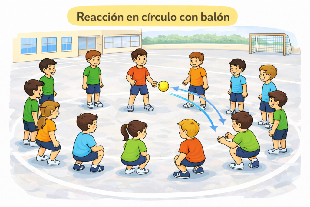 niños en círculo realizando un juego de reacción con balón en educación física en primaria