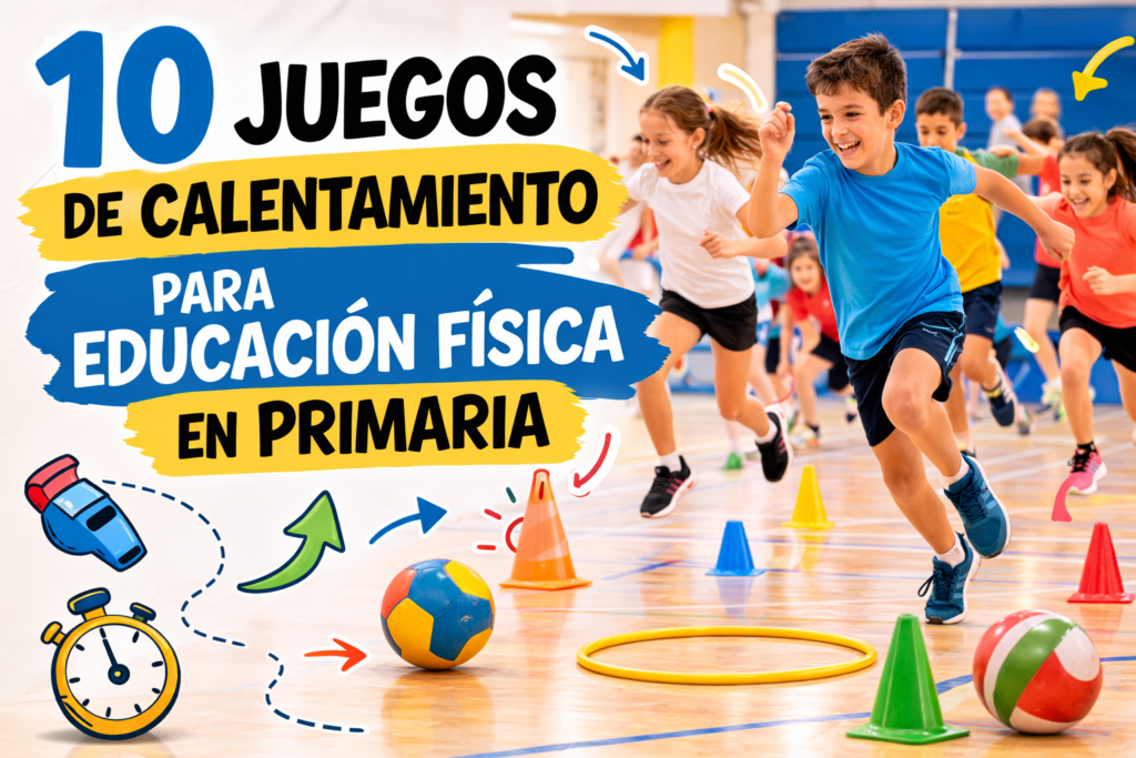 alumnos realizando juegos de calentamiento para educación física en primaria en el gimnasio