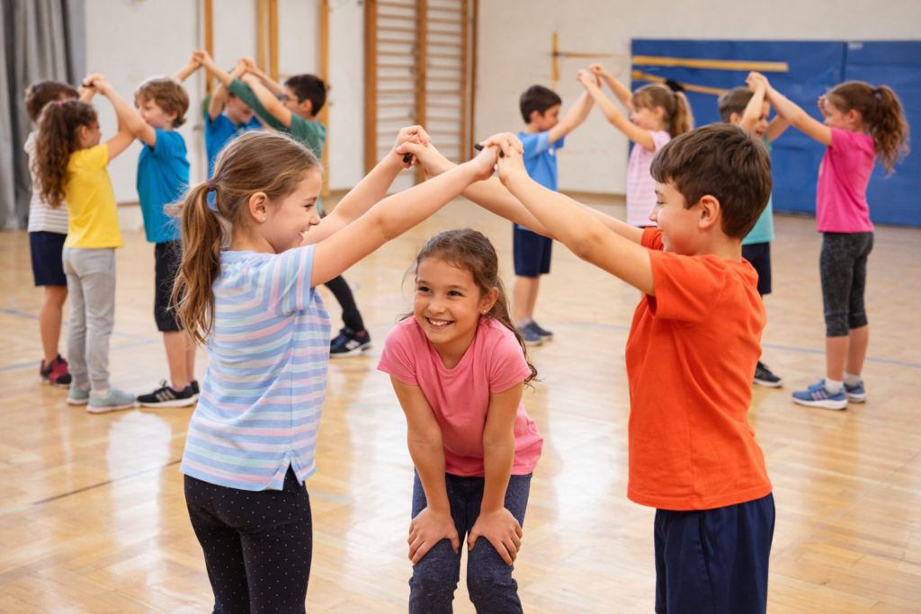 alumnos formando casas e inquilinos en el juego del inquilino en educación física en primaria