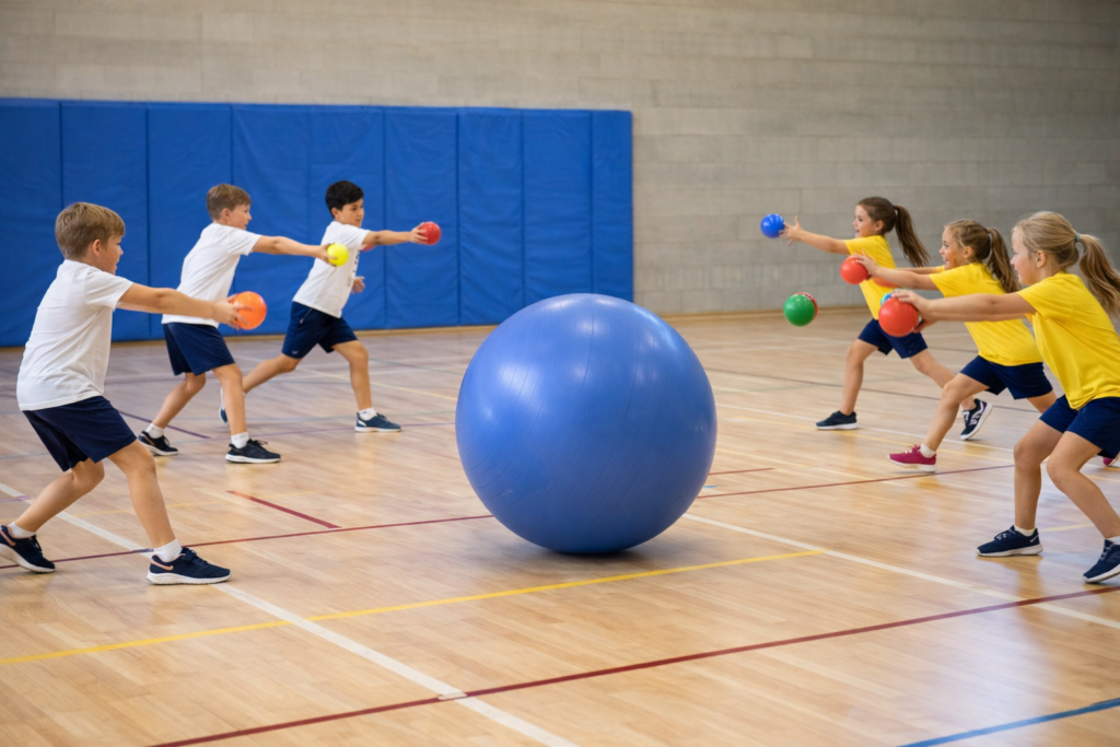 alumnos lanzando balones para mover una pelota gigante en un juego cooperativo de educación física en primaria