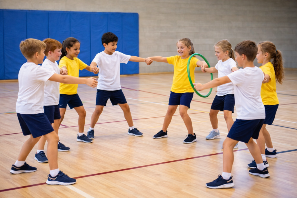 alumnos pasando un aro sin soltarse de las manos en un juego cooperativo de educación física en primaria