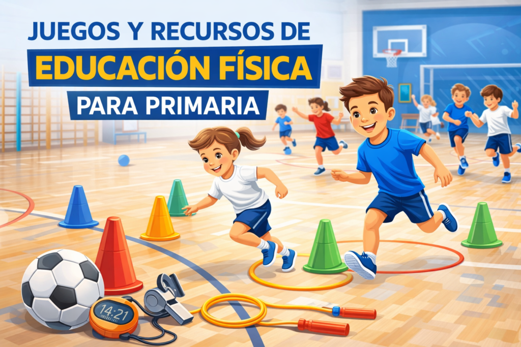 niños realizando juegos de educación física en primaria en un gimnasio escolar con conos, balón y aros